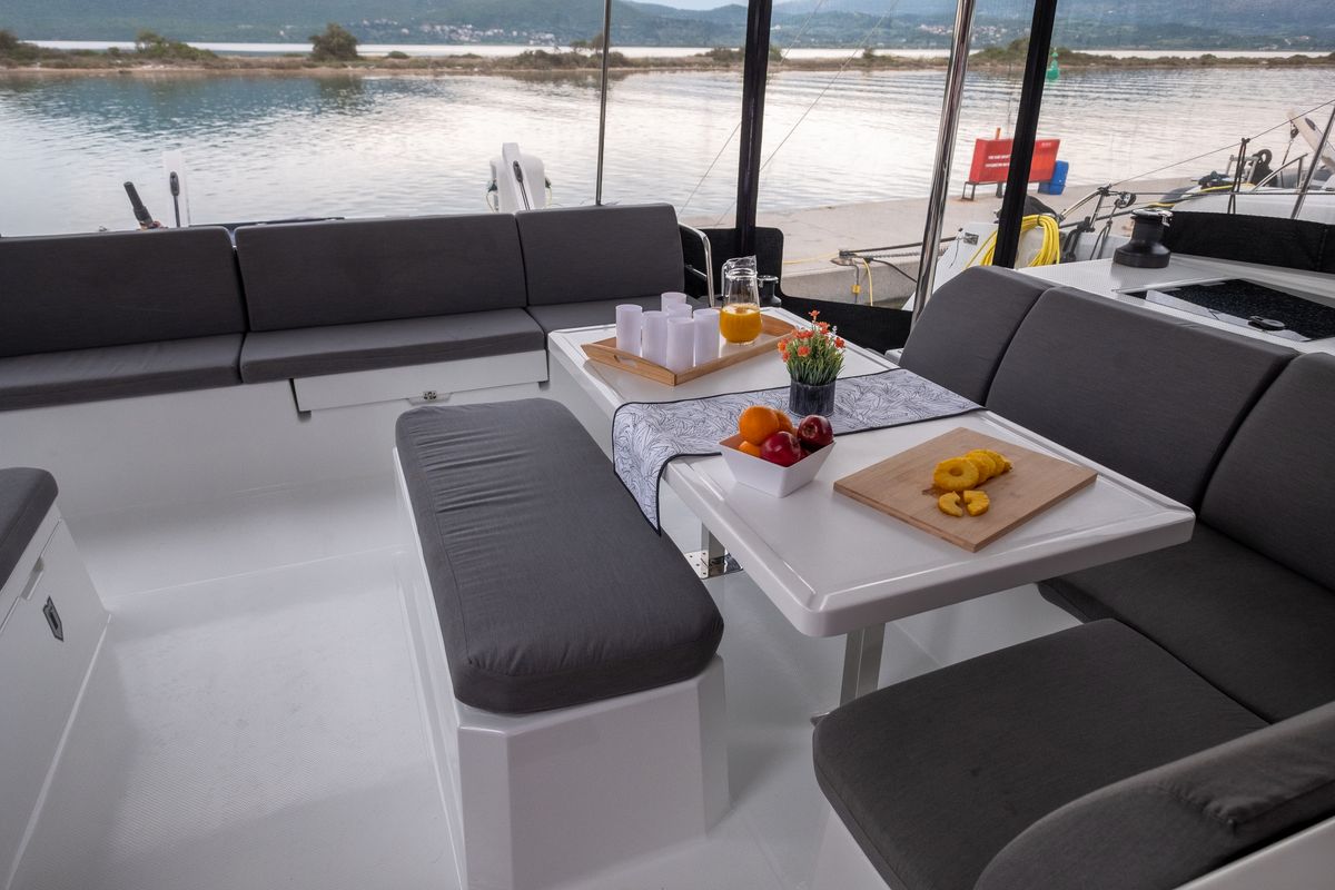Deck of Orestes, a Fountaine Pajot Astréa 42 catamaran at Municipal Unit of Lefkada, Greece