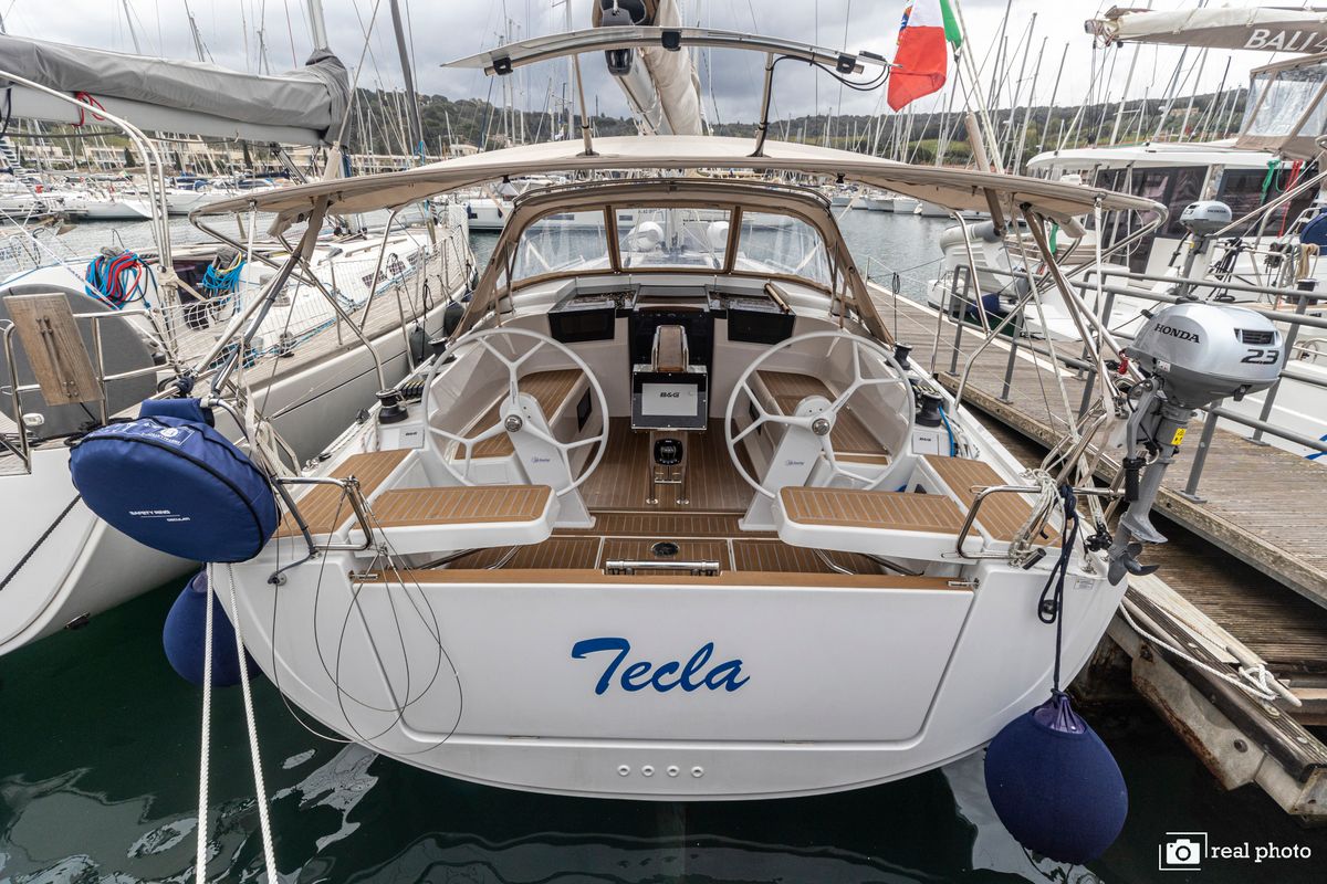 Exterior view of Tecla, a Hanse Yachts Hanse 388 sailboat at Castellammare di Stabia, Italy