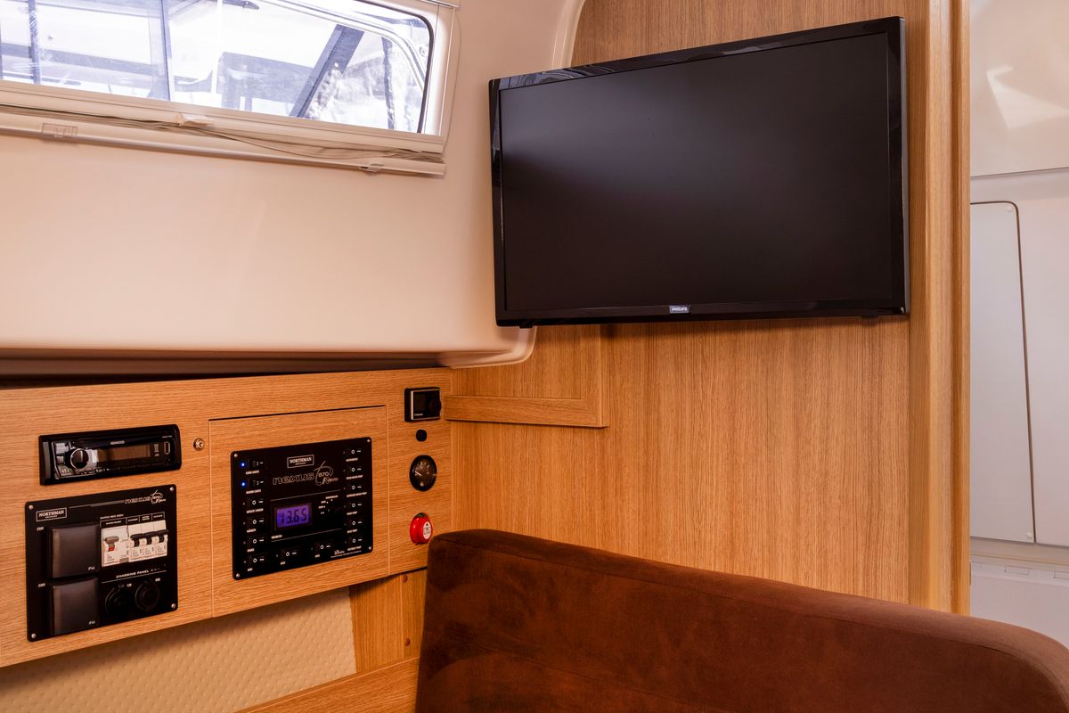 Salon of Zanussi, a Northman Nexus Revo 870 Prestige motorboat at Sztynort, Poland