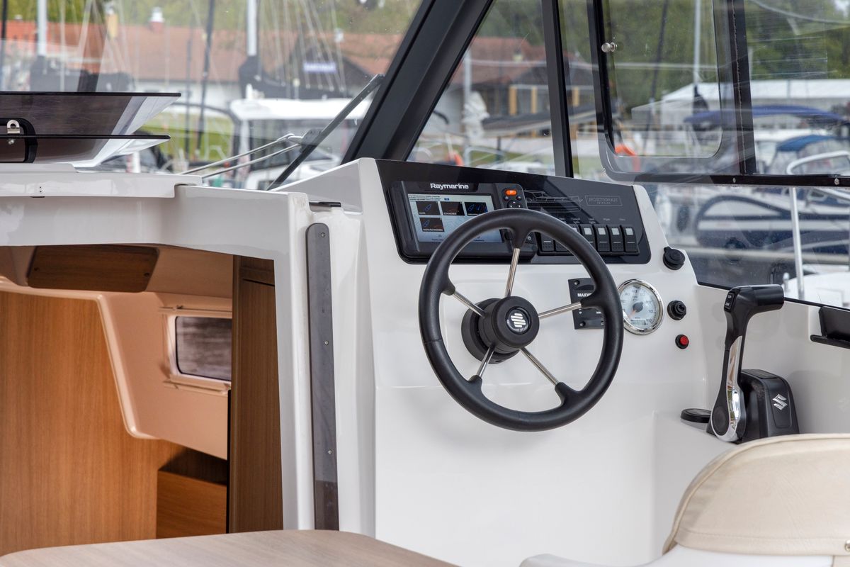 Cockpit of Zanussi, a Northman Nexus Revo 870 Prestige motorboat at Sztynort, Poland