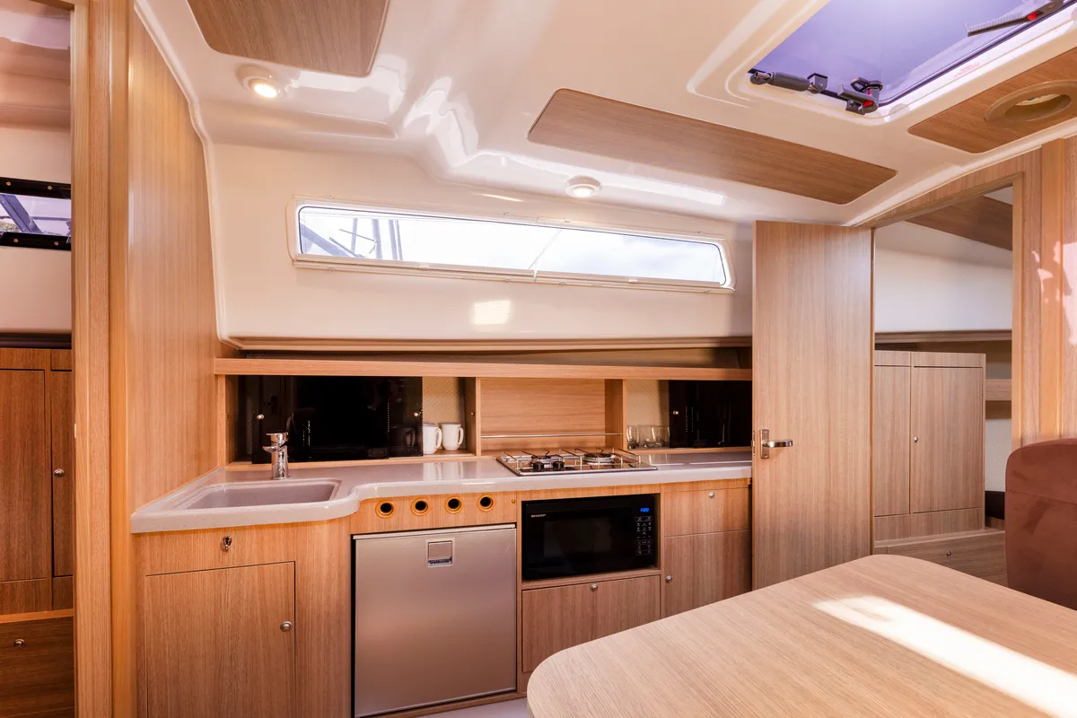 Galley of Zanussi, a Northman Nexus Revo 870 Prestige motorboat at Sztynort, Poland