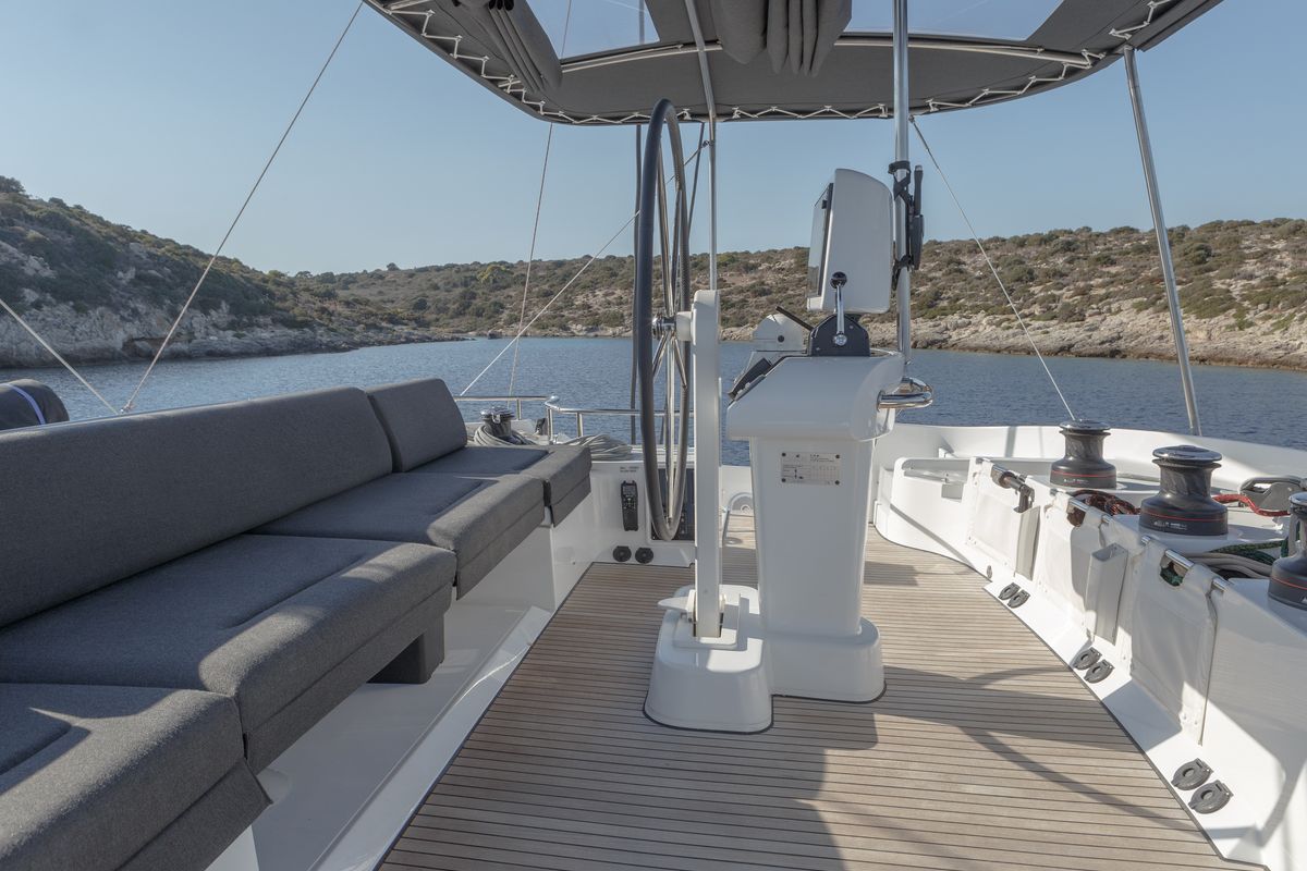 Cockpit of ONEIDA, a Lagoon 52F catamaran at Municipal Unit of Nea Peramos, Greece