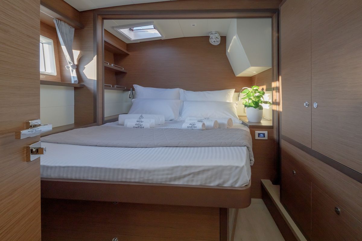 Cabin on ONEIDA, a Lagoon 52F catamaran at Municipal Unit of Nea Peramos, Greece