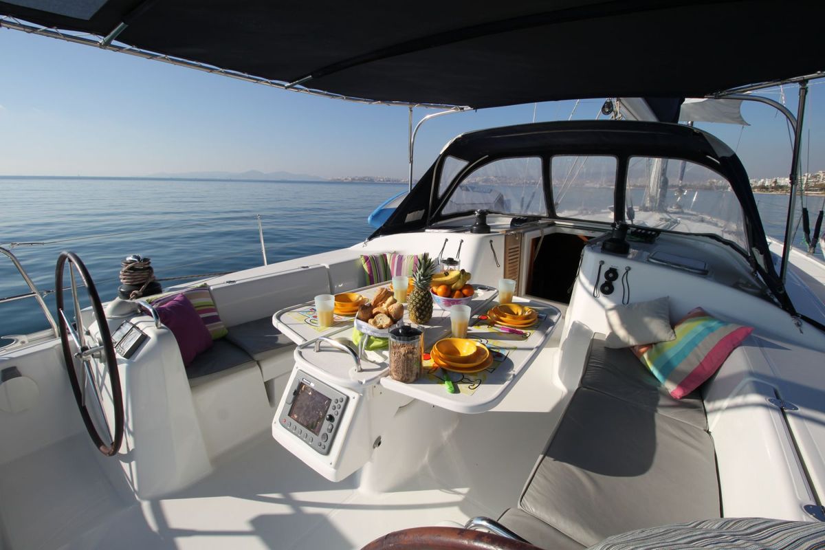 Exterior view of Lucky Dice, a Beneteau Cyclades 50.5 sailboat at Athens, Greece