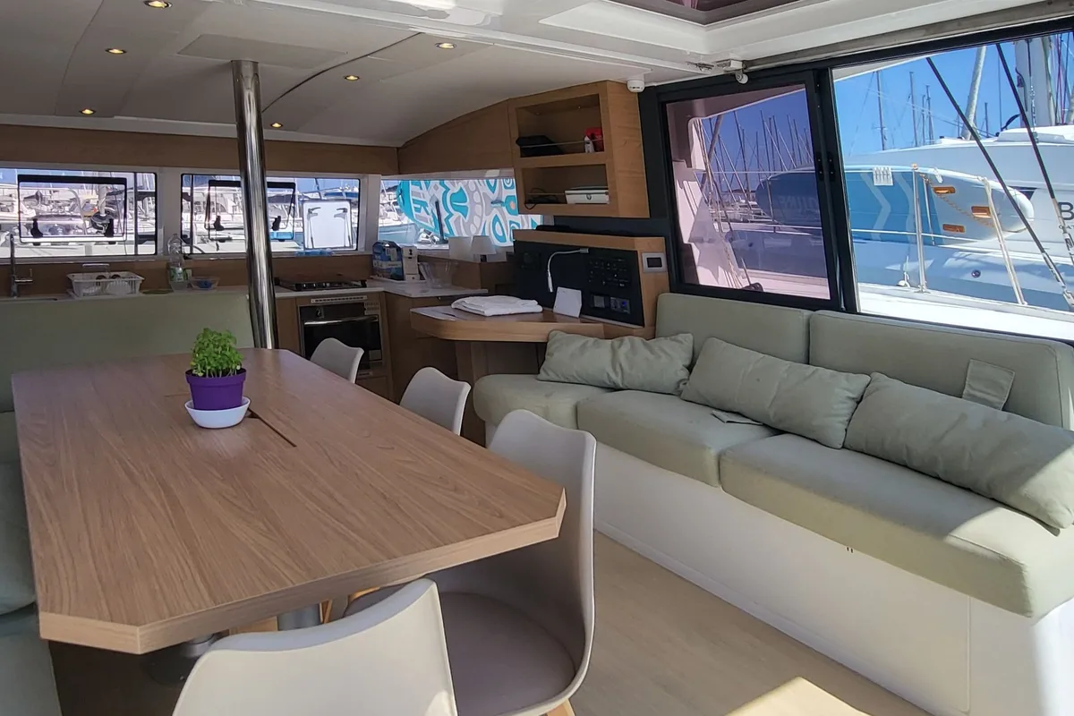 Salon of Love Sea, a Bali Catsmart catamaran at Capo d'Orlando, Italy