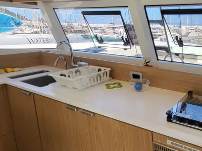 Galley of Love Sea, a Bali Catsmart catamaran at Capo d'Orlando, Italy
