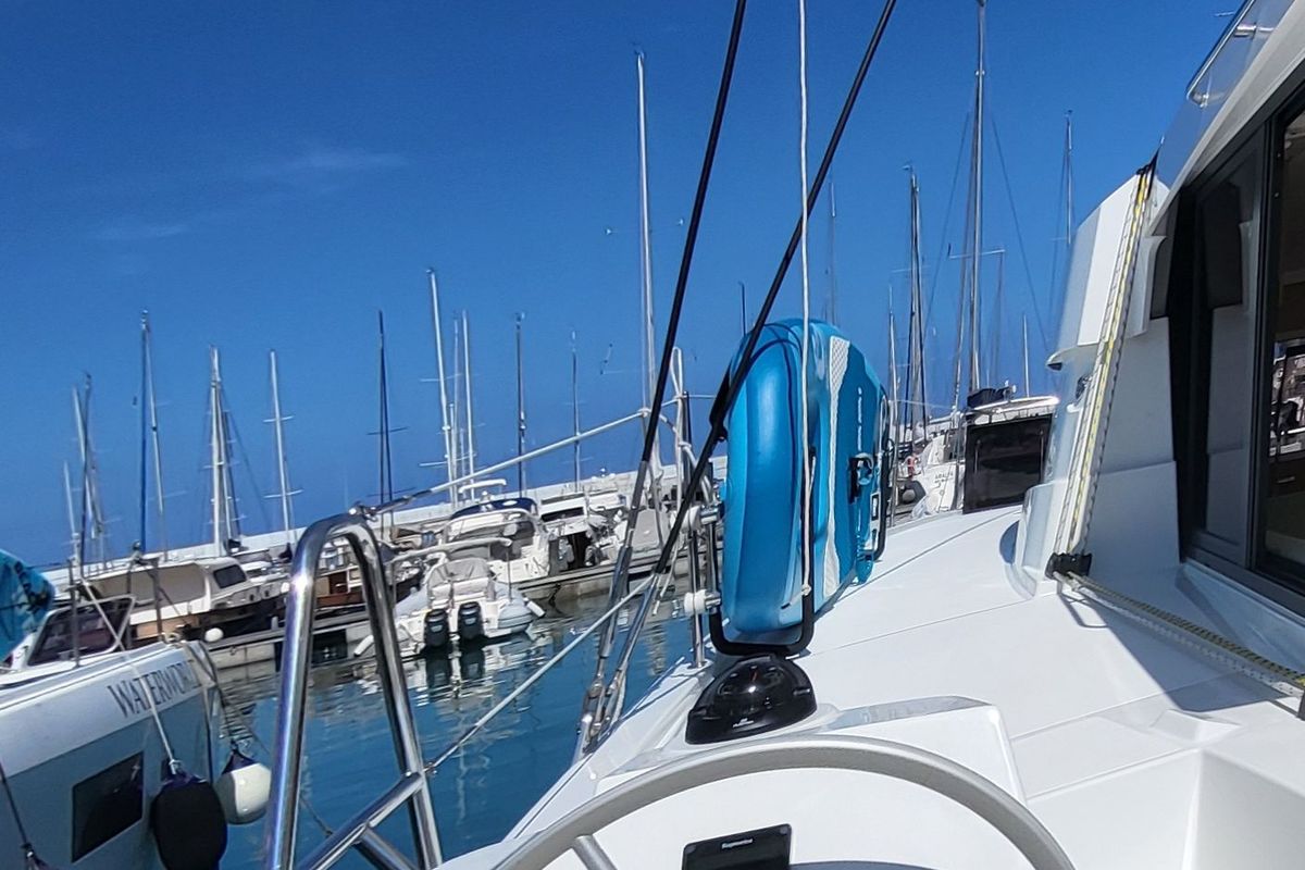Deck of Love Sea, a Bali Catsmart catamaran at Capo d'Orlando, Italy
