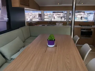 Salon of Love Sea, a Bali Catsmart catamaran at Capo d'Orlando, Italy