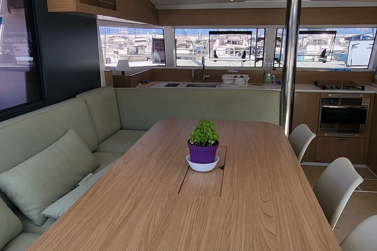 Salon of Love Sea, a Bali Catsmart catamaran at Capo d'Orlando, Italy