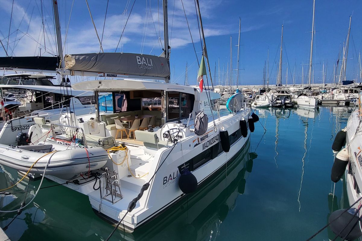 Exterior view of Love Sea, a Bali Catsmart catamaran at Capo d'Orlando, Italy