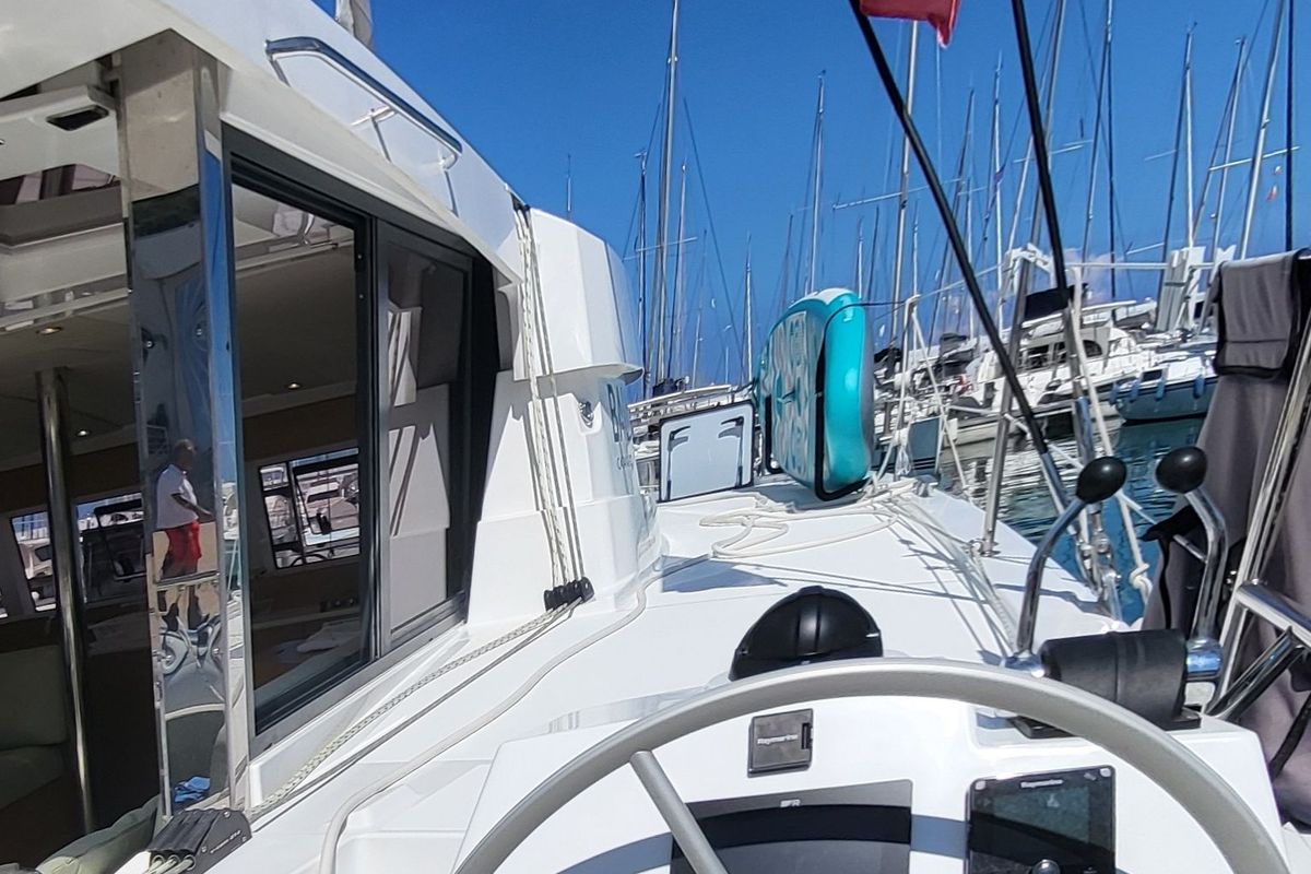 Cockpit of Love Sea, a Bali Catsmart catamaran at Capo d'Orlando, Italy