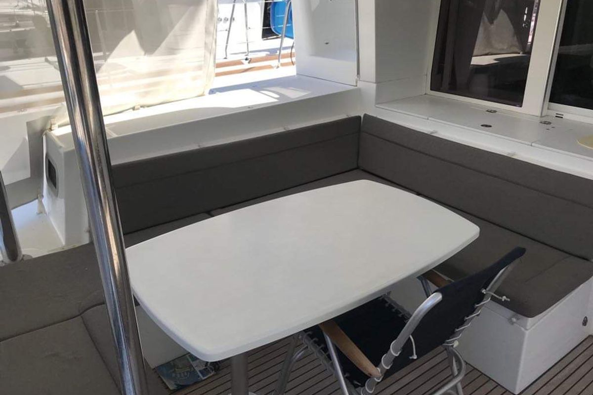 Deck of Cinzia, a Lagoon 450 Fly catamaran at Kos, Greece