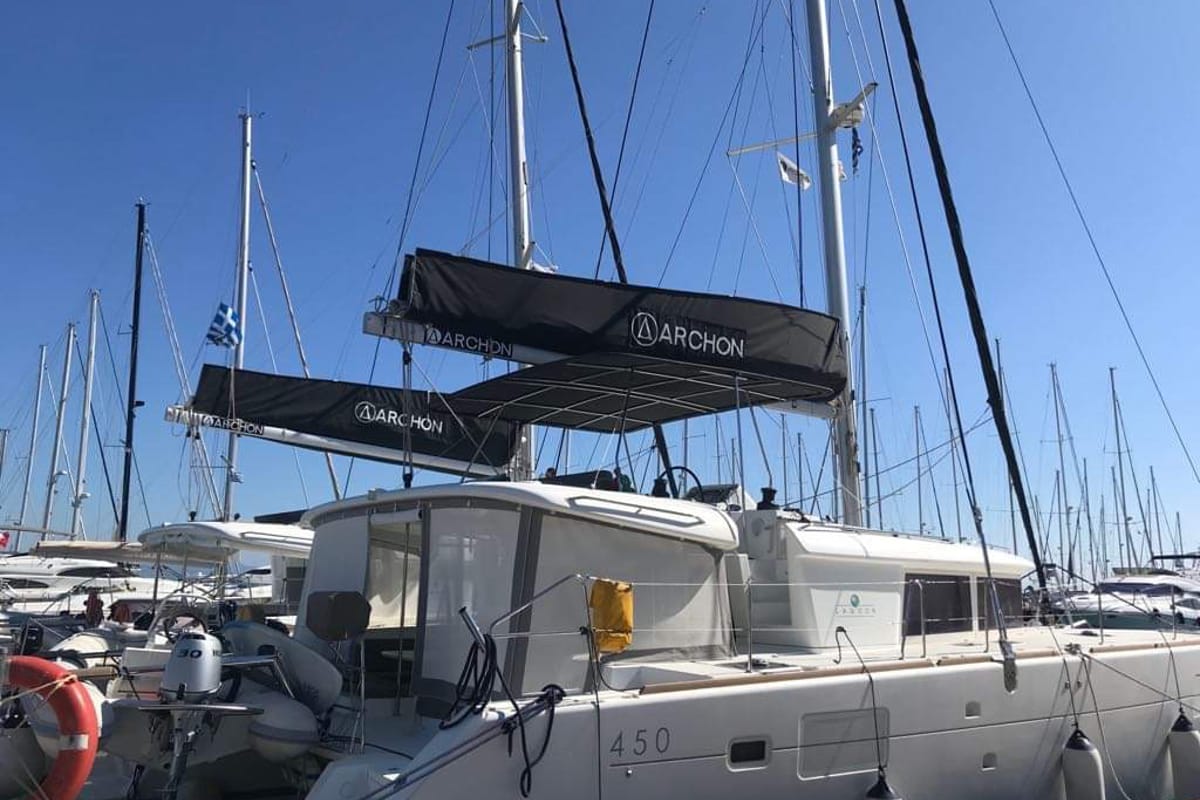 Exterior view of Cinzia, a Lagoon 450 Fly catamaran at Kos, Greece