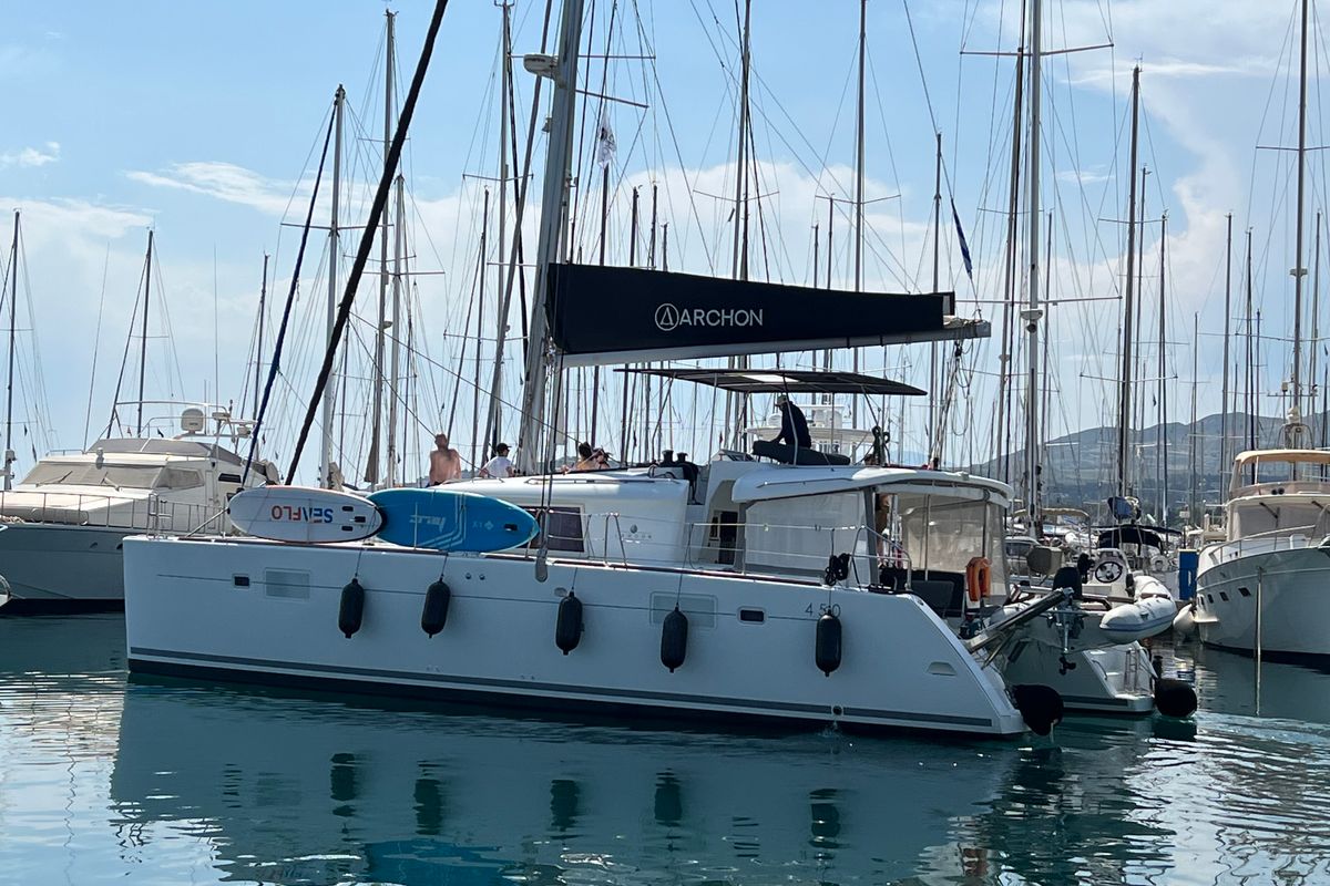 Exterior view of Cinzia, a Lagoon 450 Fly catamaran at Kos, Greece