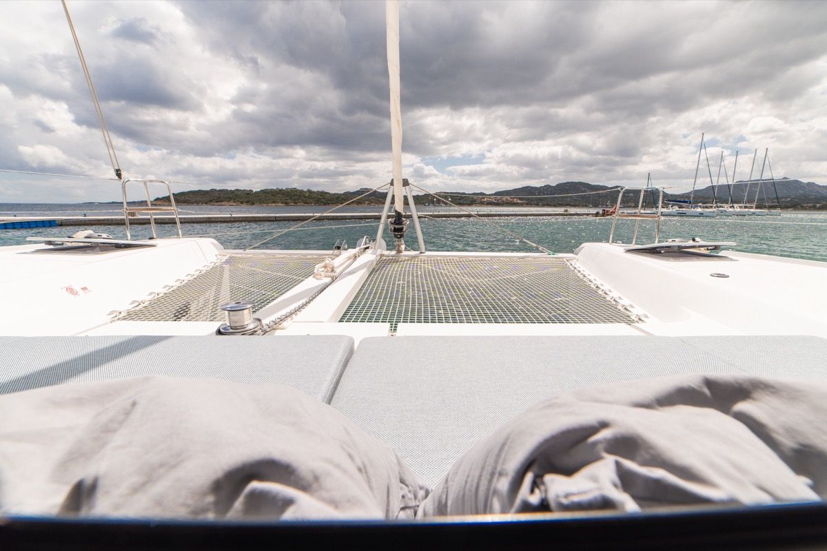 Deck of Arca 42, a Lagoon 42 catamaran at Olbia, Italy