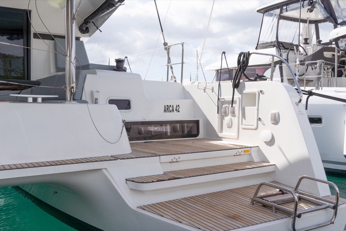 Exterior view of Arca 42, a Lagoon 42 catamaran at Olbia, Italy