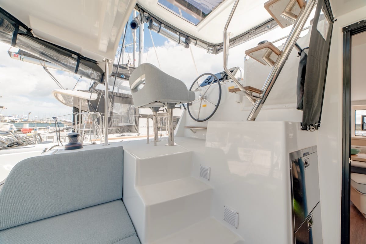 Deck of Arca 42, a Lagoon 42 catamaran at Olbia, Italy
