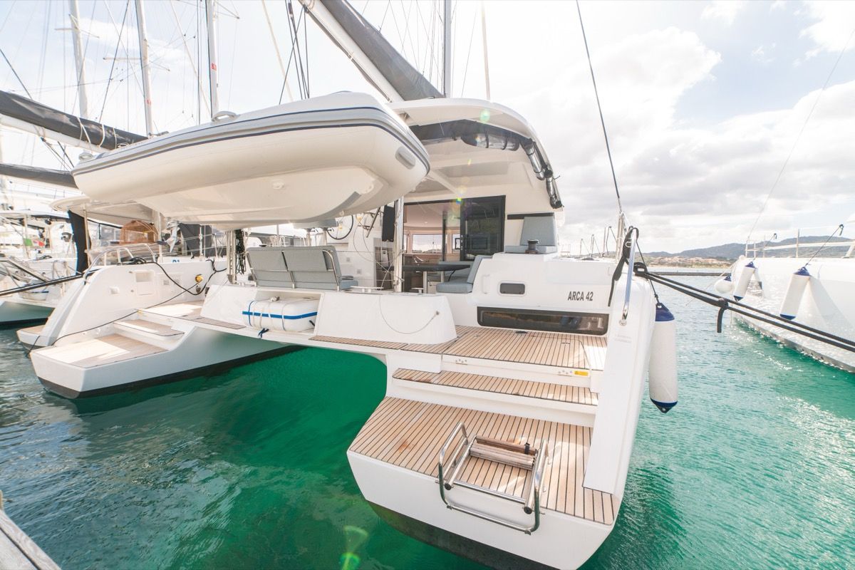Exterior view of Arca 42, a Lagoon 42 catamaran at Olbia, Italy