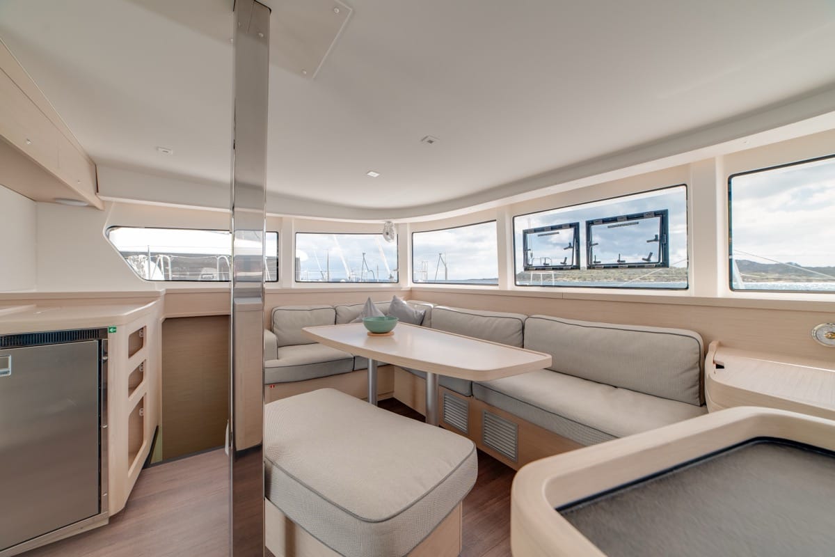 Salon of Arca 42, a Lagoon 42 catamaran at Olbia, Italy