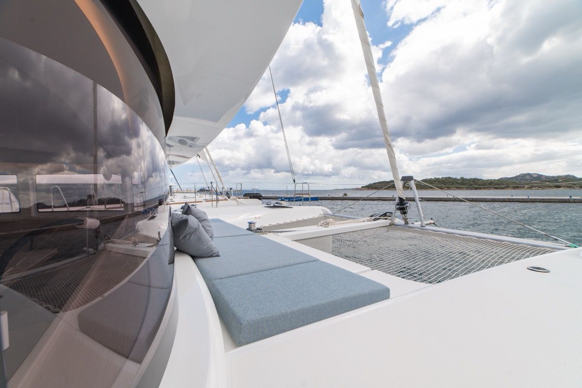 Deck of Arca 42, a Lagoon 42 catamaran at Olbia, Italy