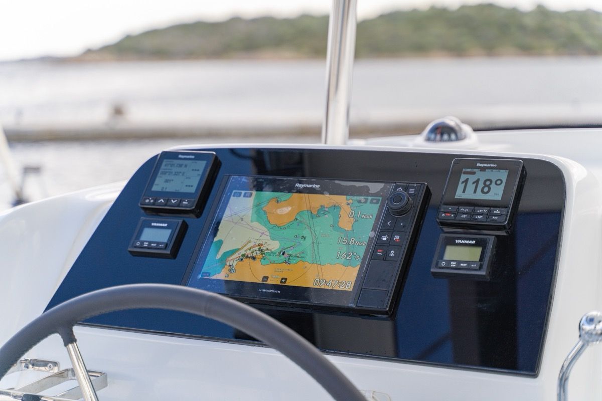 Cockpit of Arca 42, a Lagoon 42 catamaran at Olbia, Italy
