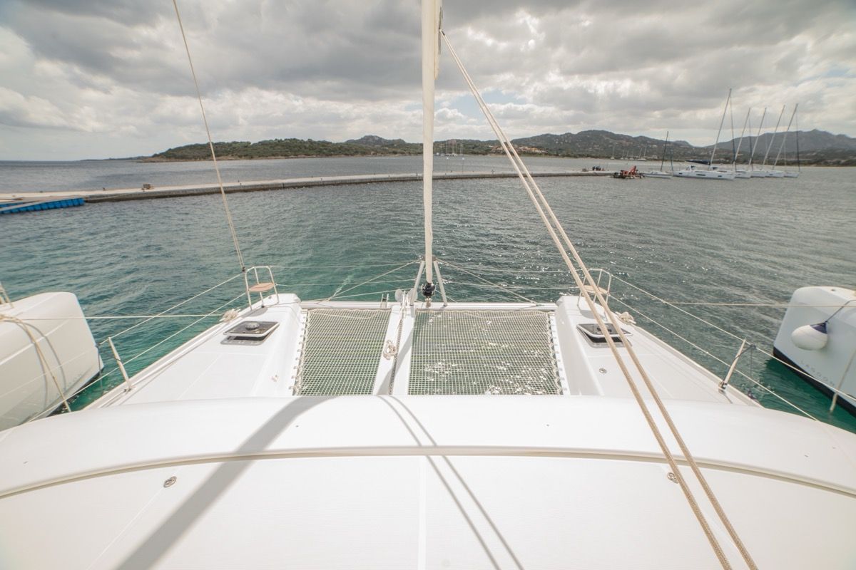 Deck of Arca 42, a Lagoon 42 catamaran at Olbia, Italy