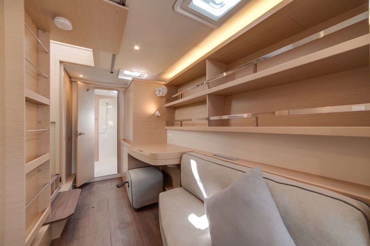 Salon of Arca 42, a Lagoon 42 catamaran at Olbia, Italy