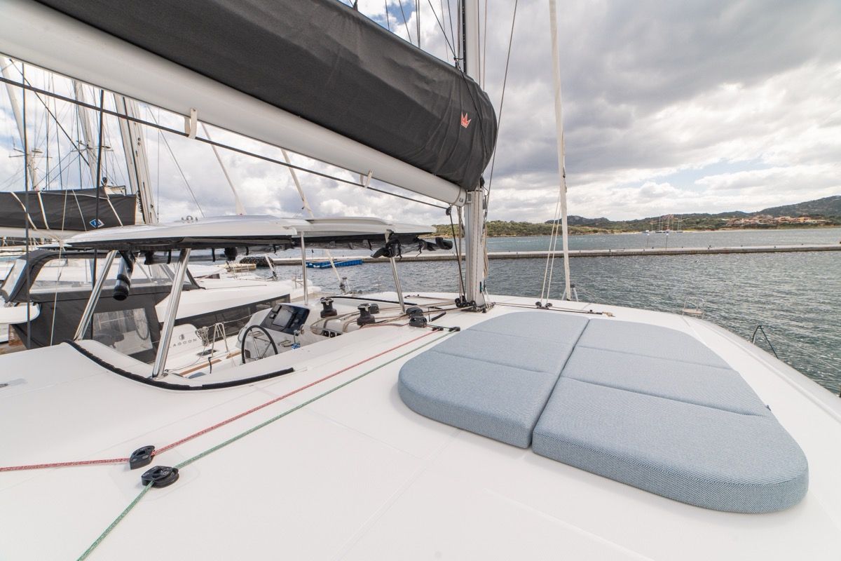 Deck of Arca 42, a Lagoon 42 catamaran at Olbia, Italy