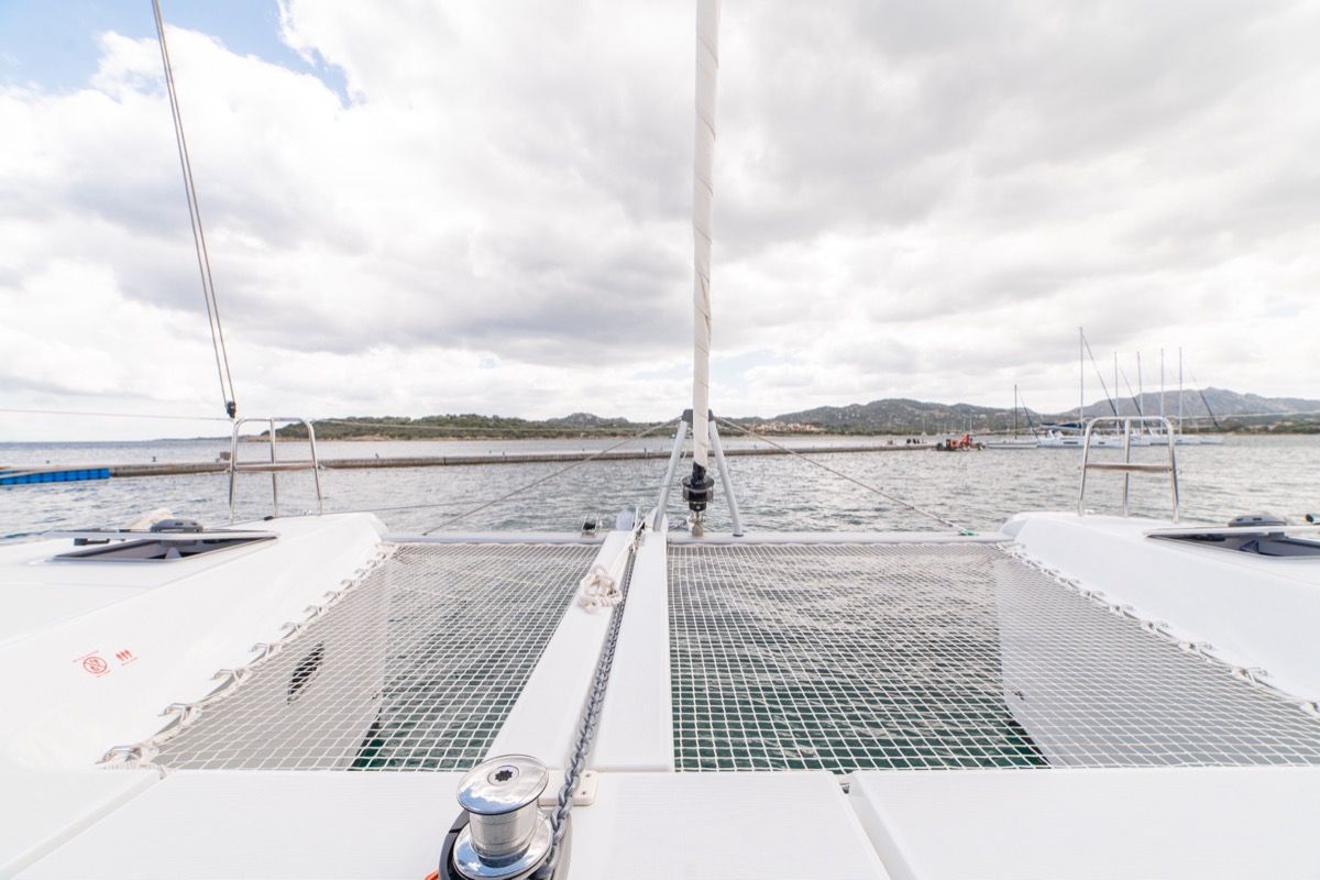 Deck of Arca 42, a Lagoon 42 catamaran at Olbia, Italy