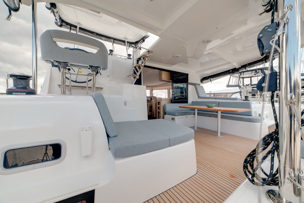 Deck of Arca 42, a Lagoon 42 catamaran at Olbia, Italy