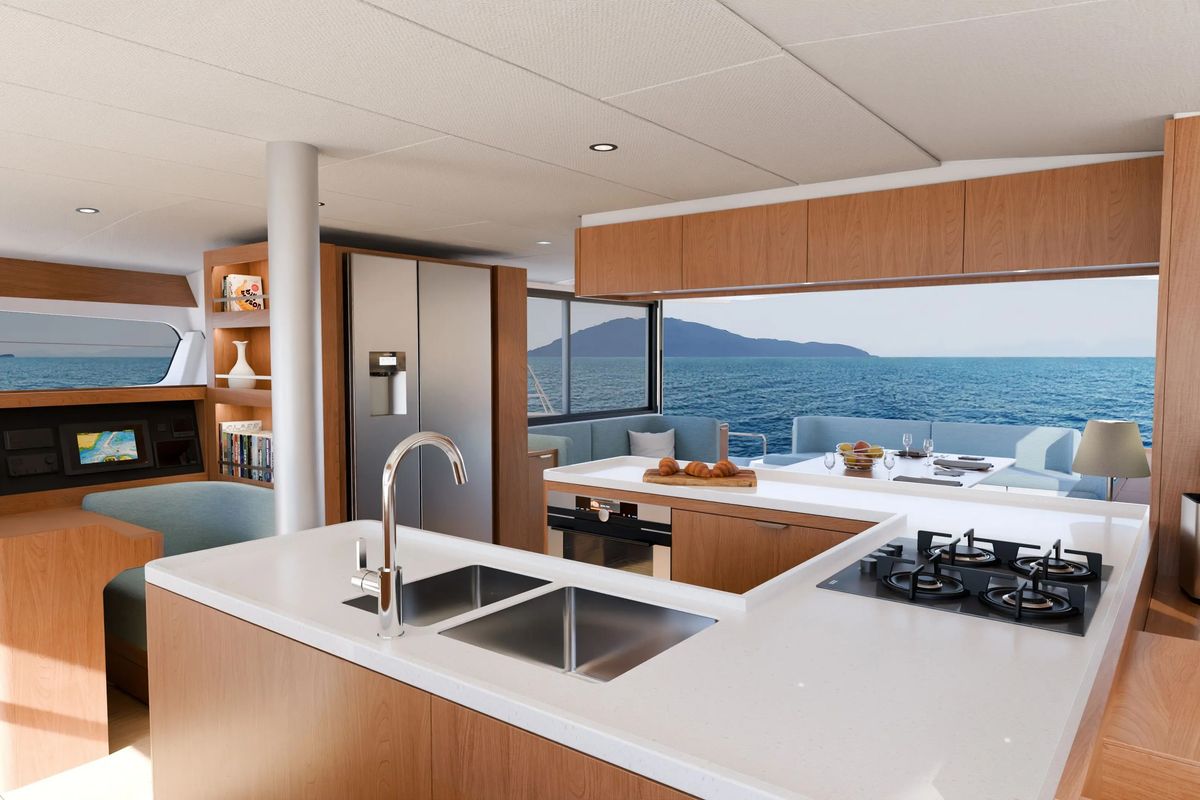 Galley of Aetheria, a Bali 5.2 catamaran at Athens, Greece