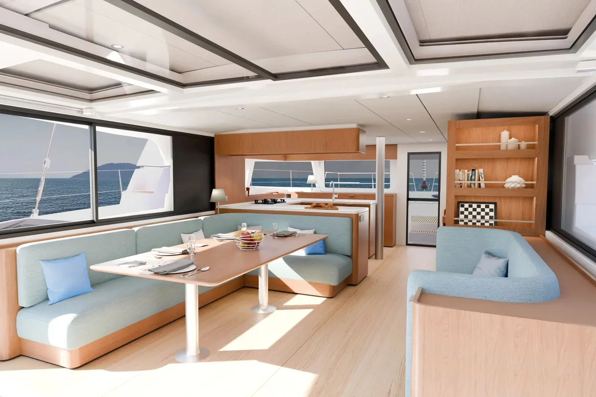 Salon of Aetheria, a Bali 5.2 catamaran at Athens, Greece