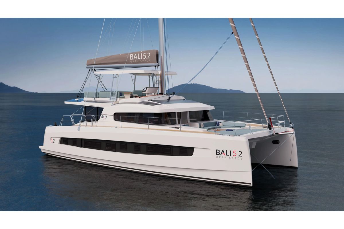 Exterior view of Aetheria, a Bali 5.2 catamaran at Athens, Greece