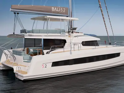 Exterior view of Aetheria, a Bali 5.2 catamaran at Athens, Greece