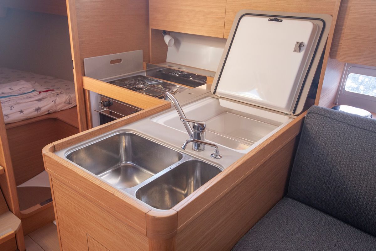 Galley of Nautilus, a Dufour 360 Grand Large sailboat at Marmaris, Turkey