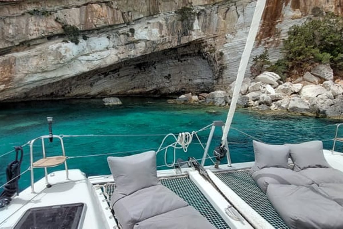 Deck of Elysium crewed - VIP equipped, a Lagoon 42 catamaran at Municipal Unit of Lefkada, Greece