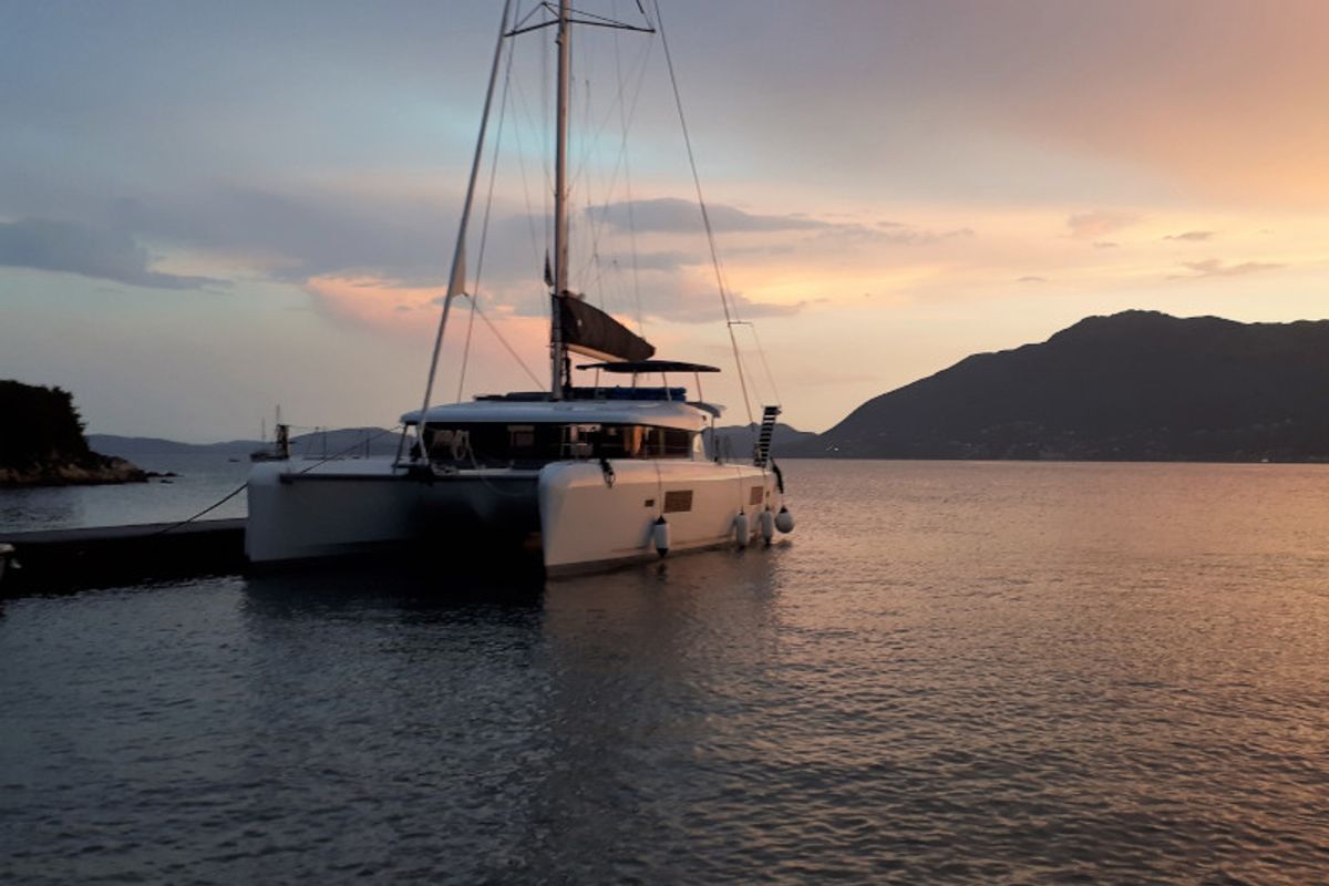 Exterior view of Elysium crewed - VIP equipped, a Lagoon 42 catamaran at Municipal Unit of Lefkada, Greece
