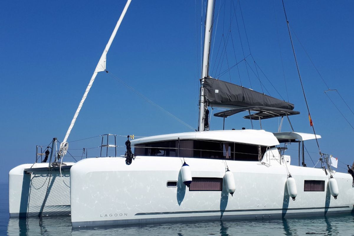 Exterior view of Elysium crewed - VIP equipped, a Lagoon 42 catamaran at Municipal Unit of Lefkada, Greece