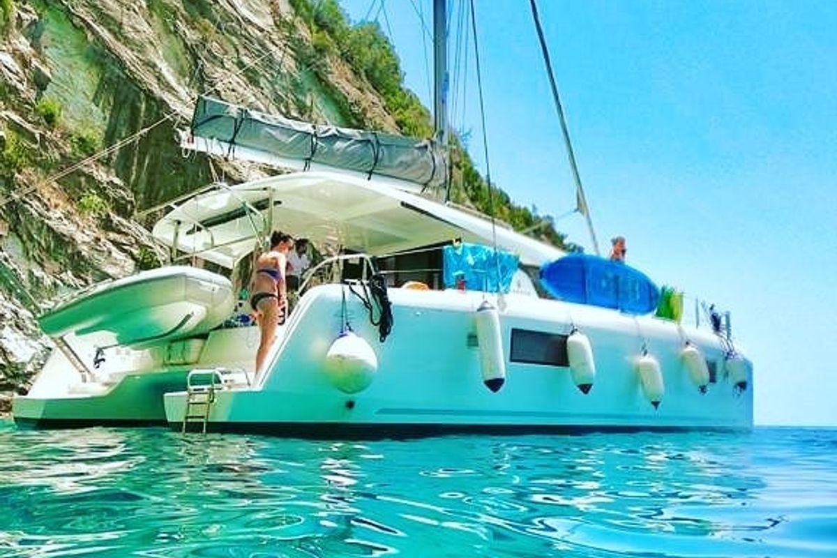 Exterior view of Elysium crewed - VIP equipped, a Lagoon 42 catamaran at Municipal Unit of Lefkada, Greece