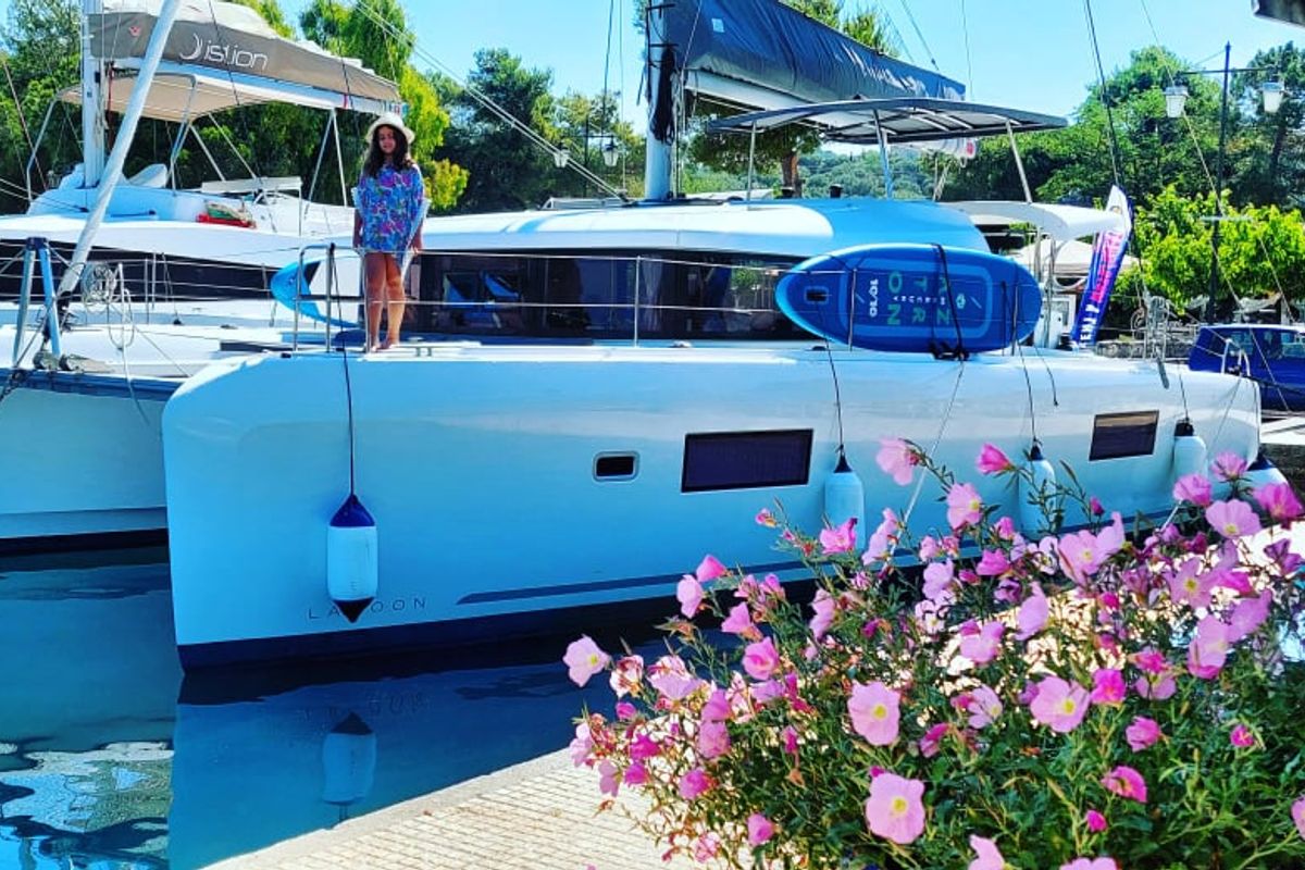 Exterior view of Elysium crewed - VIP equipped, a Lagoon 42 catamaran at Municipal Unit of Lefkada, Greece
