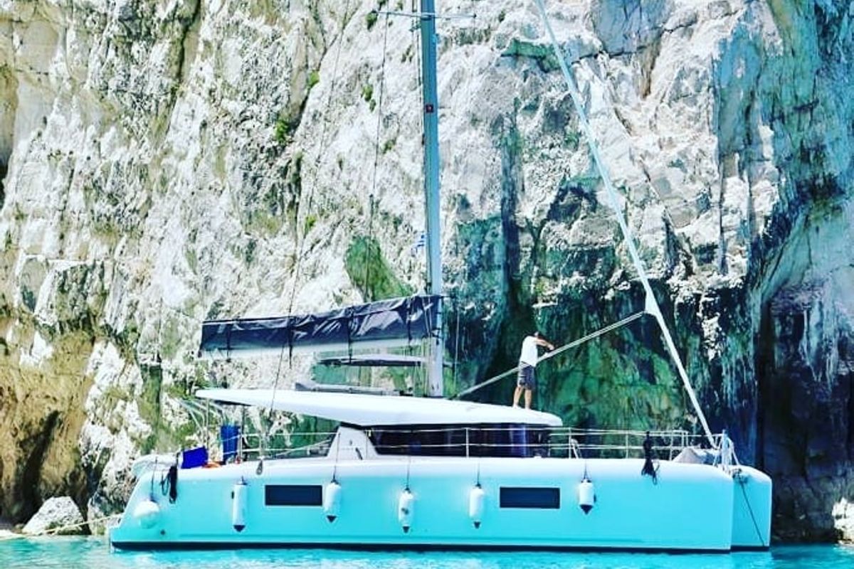 Exterior view of Elysium crewed - VIP equipped, a Lagoon 42 catamaran at Municipal Unit of Lefkada, Greece