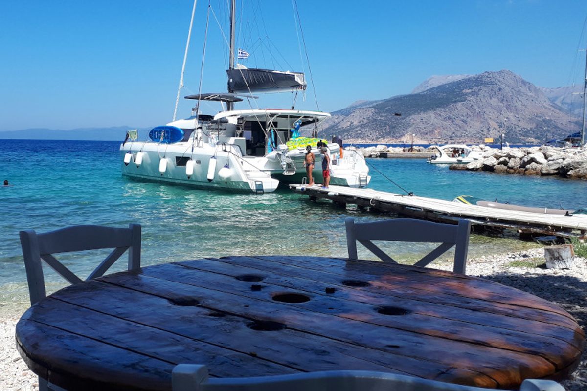 Exterior view of Elysium crewed - VIP equipped, a Lagoon 42 catamaran at Municipal Unit of Lefkada, Greece