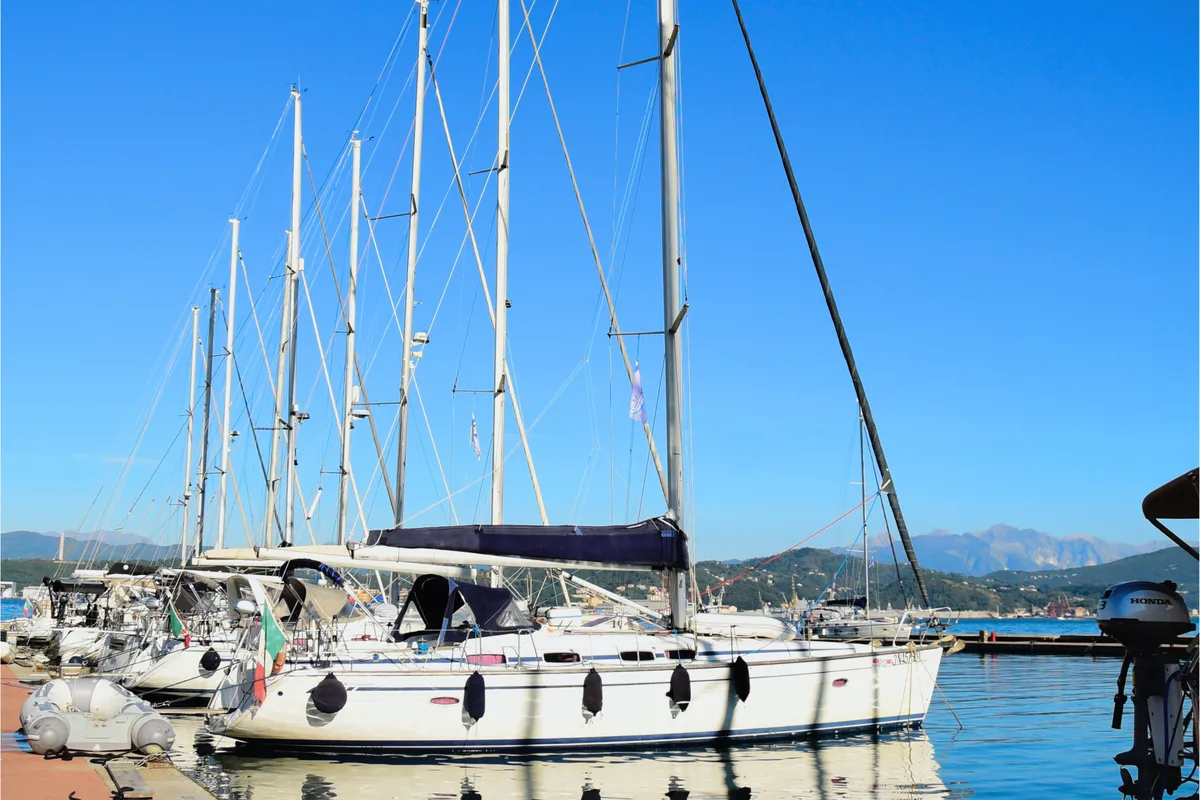 Exterior view of Daphne, a Bavaria Cruiser 50 sailboat at Rosignano Solvay, Italy