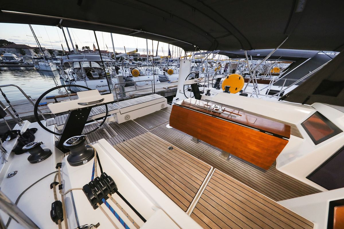 Deck of Chill Course, a Dufour 470 sailboat at Grad Trogir, Croatia