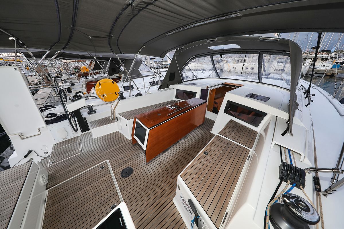 Deck of Chill Course, a Dufour 470 sailboat at Grad Trogir, Croatia