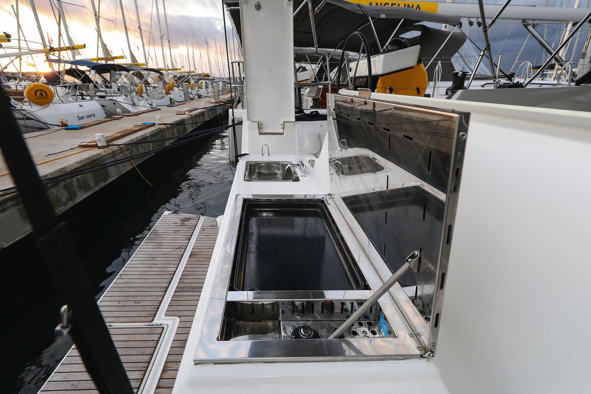 Deck of Chill Course, a Dufour 470 sailboat at Grad Trogir, Croatia