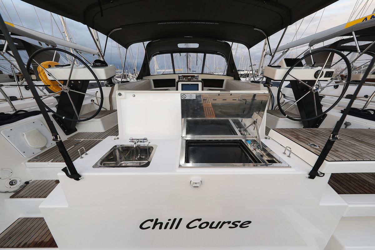 Deck of Chill Course, a Dufour 470 sailboat at Grad Trogir, Croatia