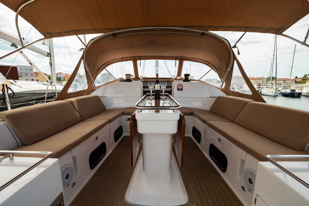 Deck of Andiamo, a Elan Impression 50 sailboat at Grad Biograd na Moru, Croatia