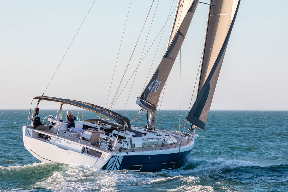 Exterior view of Constantina, a Dufour 470 sailboat at Preveza, Greece
