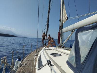 Deck of Epikouros, a Jeanneau Sun Odyssey 45.1 sailboat at Municipality of Kalamata, Greece